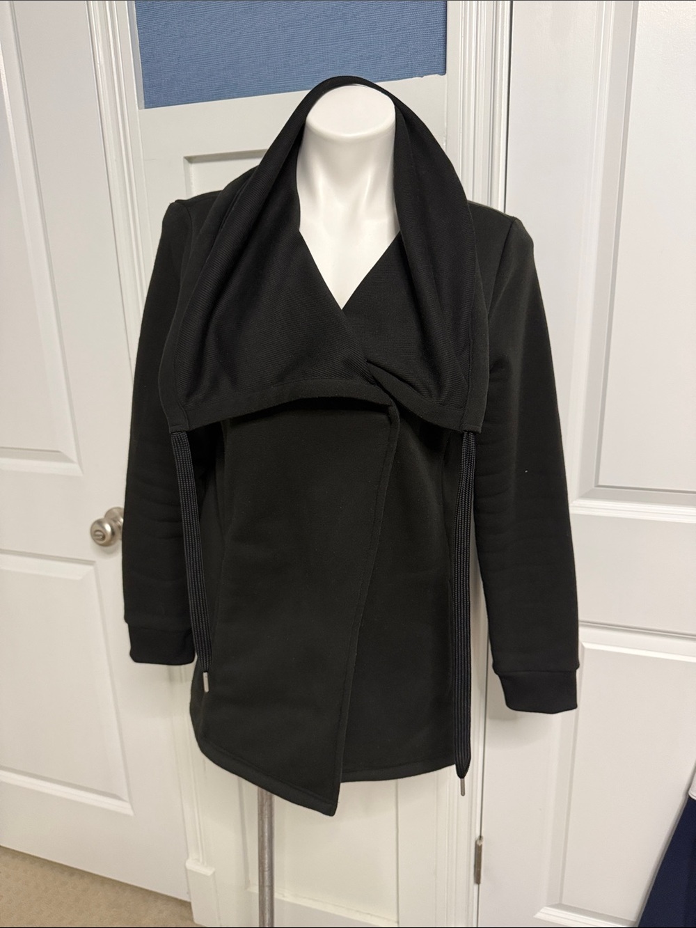 Black Draped Open-Front Trench Coat with Drawcords